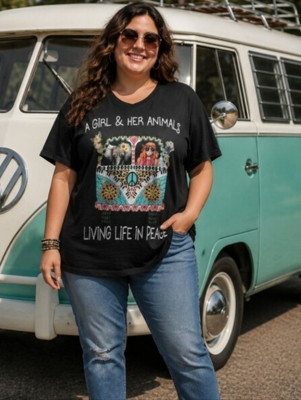 Hippie Volkswagen Van PEACE Shirt XXL A Girl & Her Animals V Neck NWOT Black